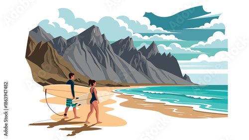 Surfers strolling along scenic mountain beach with surfboards under cloudy sky