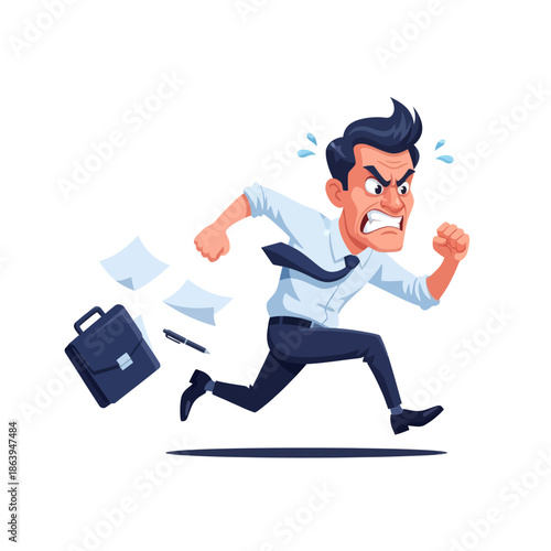 Angry Businessman Running Late, Dropping Briefcase and Papers, Stress and Deadline Concept