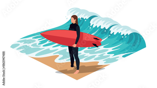 Surfer holding red surfboard by the ocean in vibrant beach scene