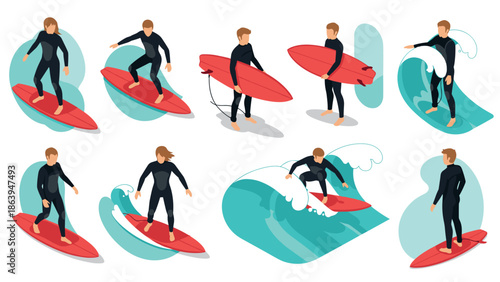 Diverse surfing techniques showcased in isometric style with red surfboards and blue waves