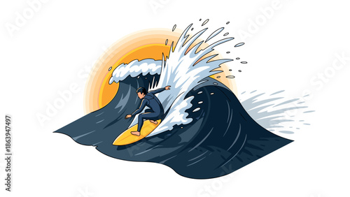 Surfer riding a wave with sunset background in vibrant cartoon style