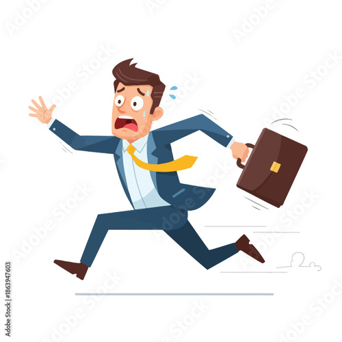 Panicked Businessman Running Late with Briefcase, Stressful Commute