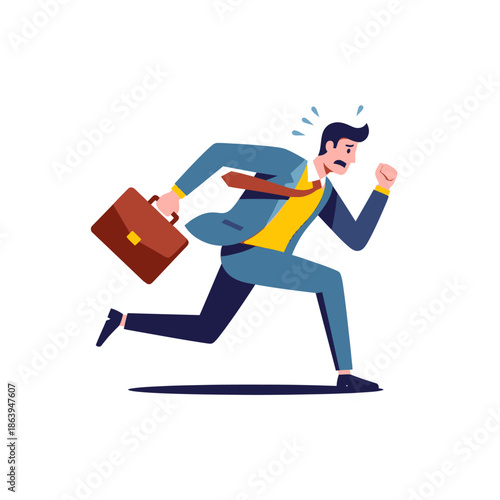 Businessman running late, holding briefcase, stressed, urgent, deadline, office work concept