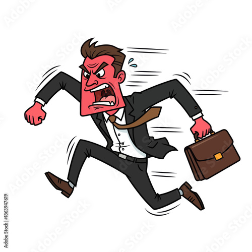 Angry Businessman Running Fast with Briefcase, Stress and Rush Concept