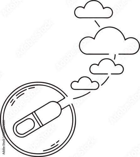 A line art of a CGM sensor with small cloud icons vector outline, representing cloud based data monitoring