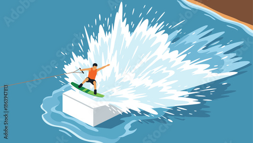 Dynamic wakeboarding adventure with splashing wave in vibrant flat design