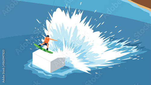 Wakeboarder performing trick with splash on blue water background