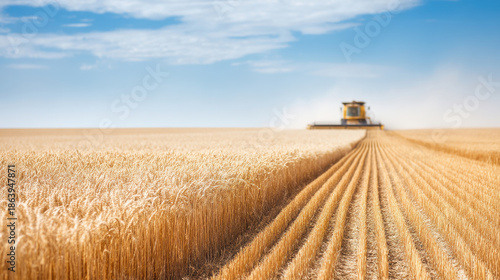 Golden wheat fields ready for harvest with a combine harvester working under a clear blue sky.
