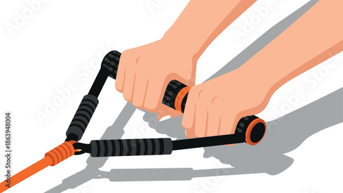 Hands gripping fitness resistance bands for strength training in detailed colorful flat design