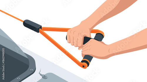 Person gripping handle of a wakeboard tow rope in close-up water sport context