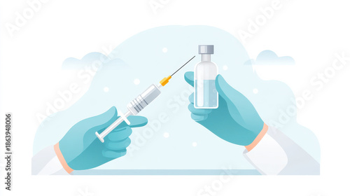 Illustration of hands holding a syringe and a vaccine vial, highlighting vaccination and healthcare themes.