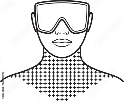 A line art of a face wearing an LED mask in neck and chest outline vector illustration
