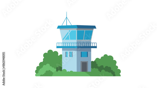 Modern control tower with greenery surrounding in flat design
