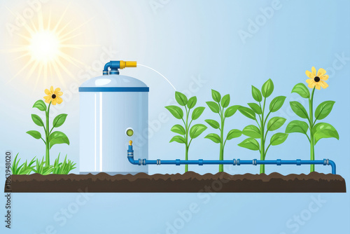 Illustration of irrigation system with plants and water tank under a sunny sky.