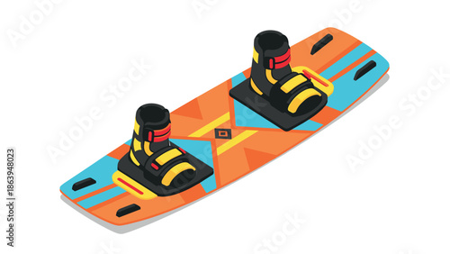Vibrant isometric wakeboard with colorful bindings on white background