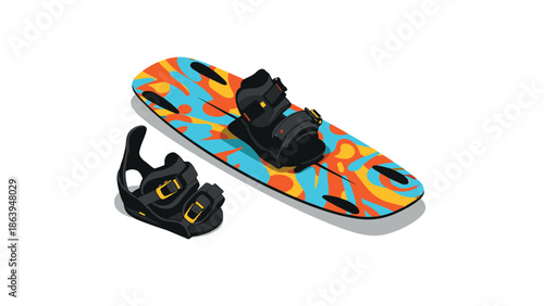 Colorful wakeboard and bindings in isometric style