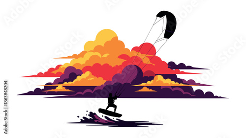 Dynamic kiteboarding adventure against vibrant sunset clouds