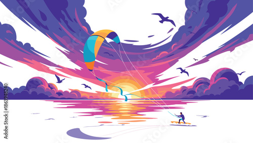 Vibrant kiteboarding at sunset with dynamic clouds and seagulls in a colorful seascape