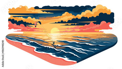 Vibrant sunset beach scene featuring kite surfer and dramatic sky