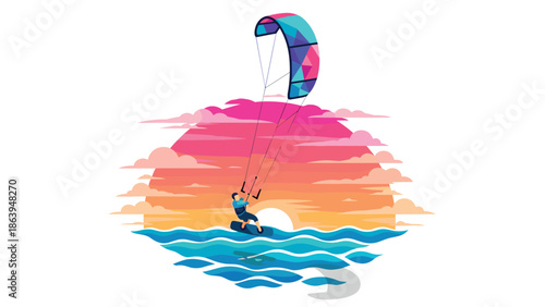 Colorful kitesurfing adventure at sunset on geometric waves