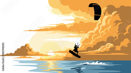 Sunset adventure: dynamic kiteboarding with vibrant clouds and ocean waves