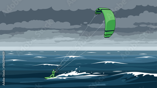 Dynamic kite surfing adventure on rough ocean waves with stormy sky