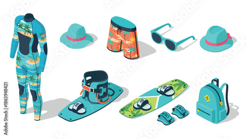 Isometric summer sports gear: surfing wetsuit, beachwear, sunglasses, and accessories
