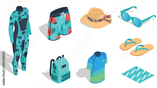 Summer beachwear essentials collection showing surf wear, accessories, and swimwear in isometric design