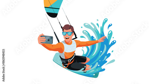 Excited man taking selfie while enjoying thrilling kitesurfing adventure
