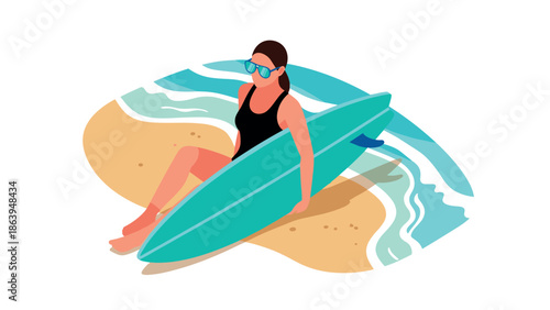 Woman relaxing with surfboard on sunny beach in summer isometric art