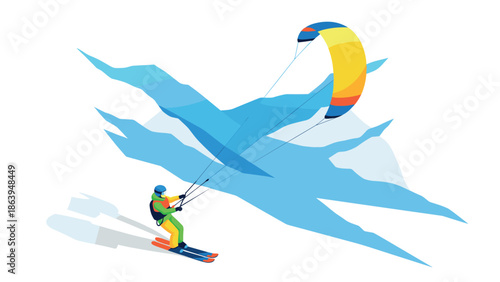 Colorful kiteboarding adventure over snowy mountains with dynamic shadows
