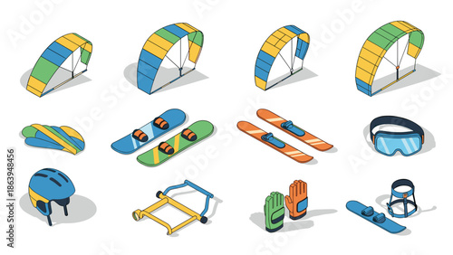 Colorful isometric collection of outdoor adventure gear and sports equipment