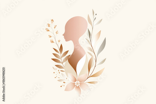 Stylized silhouette of a woman surrounded by elegant leaves and flowers on a soft background.