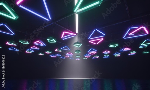 Abstract ceiling installation of neon geometric shapes emitting colorful illumination in dark space