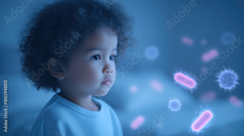 Young child observing microscopic organisms in an imaginative and colorful learning environment.