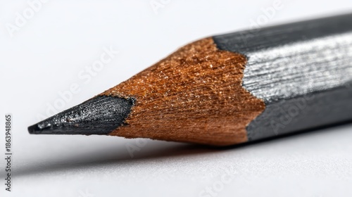 Macro close up of a sharpened black pencil tip showing wood grain isolated on white background