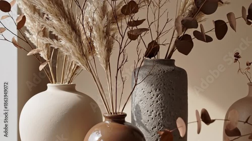 Vases with dried plants on table.