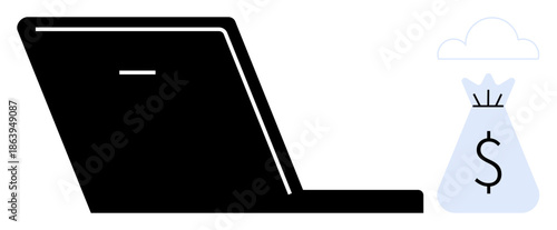 Laptop and money bag under a cloud representing digital transactions, cloud-based finance, and online business. Ideal for e-commerce, fintech, payment processing, savings, investing, remote work