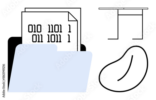 Data management, digital storage, coding systems, software concepts, organization, and file archiving. Binary code displayed in a folder, beside geometric shapes. Data management and digital storage