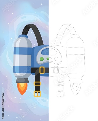 Jetpack spacesuit equipment for outer space exploration, adventure in the universe symmetry worksheet - drawing, tracing and coloring exercises