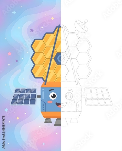 Satellite with solar energy panels - symmetry drawing and coloring worksheet for classroom activity