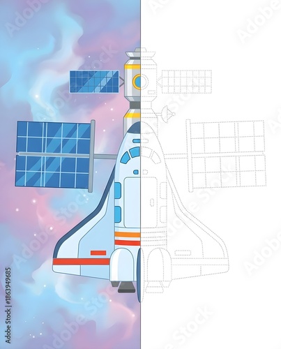 Space station - shuttle dock with solar panels, illustration of for symmetry worksheet, drawing the other half