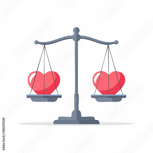 Balanced hearts on equal scales symbolizing love and harmony