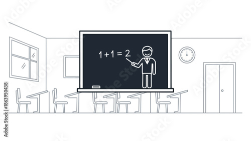 Teacher explaining math problem on blackboard in classroom