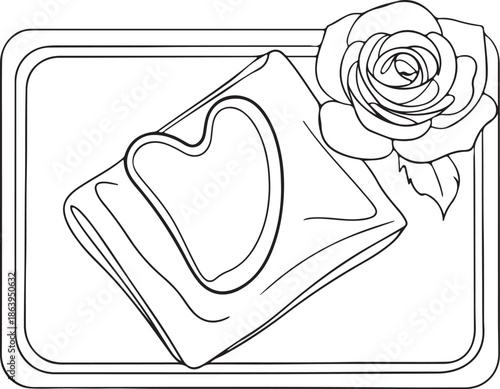 Bathroom counter with a Gua Sha stone resting line art, silk cloth and single rose vector outline