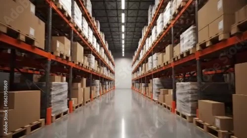 An industrial warehouse interior features tall shelves and storage aisles filled with stock boxes and containers for a retail business
