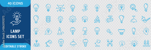 Lamp Line Icon Set. Idea Light Bulb, Creative Thinking, Innovation, Inspiration and Energy Icons. Editable Outline Stroke. Flat Vector Illustration