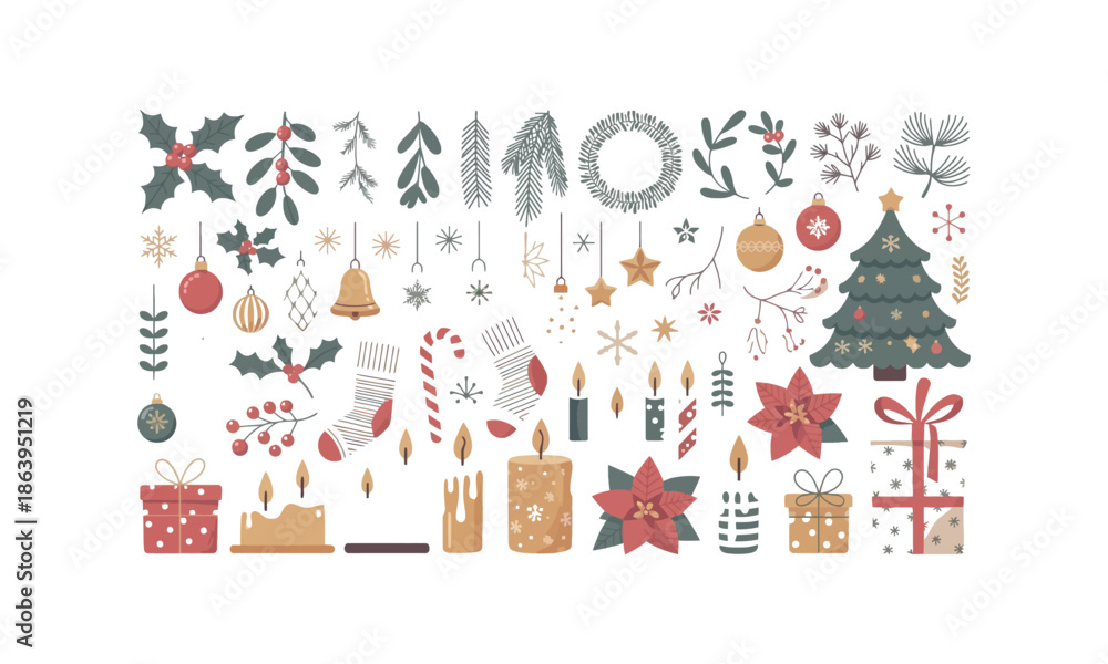 Naklejka premium Christmas card illustration featuring a decorated Christmas tree with gifts and holiday decorations