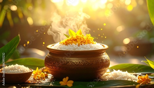 Makar Sankranti & Pongal Ritual Meal with Fresh Rice and Turmeric Roots in Decorative Earthenware