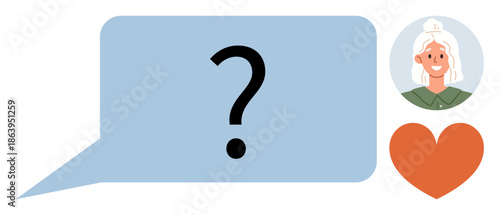 Communication, emotional connection, inquiry, healthcare, empathy, support. A question mark in a speech bubble alongside a womans avatar and heart icon. Communication and emotional connection